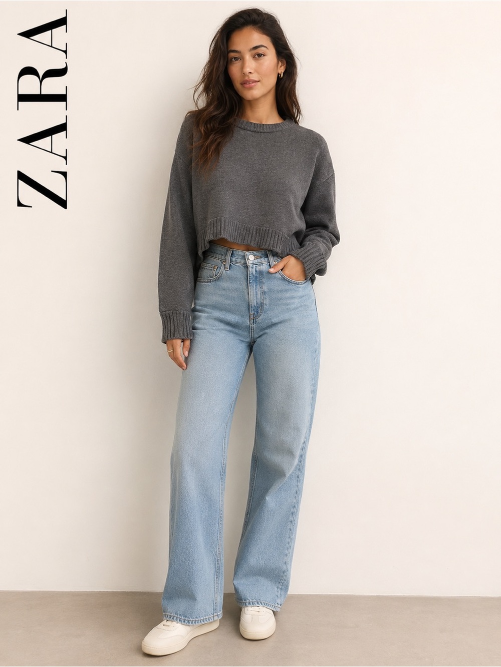 Zara Cropped Knit Sweater Gray Ribbed Crewneck Womens Size M Preppy